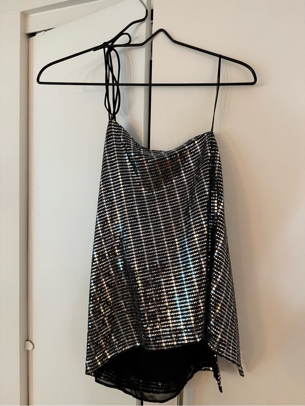 Zara Sequin Halter Neck Camisole Top - Silver/Black
